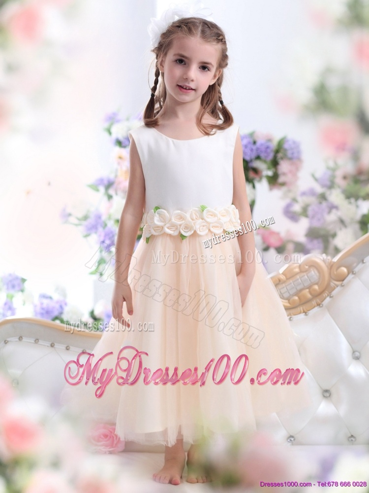 2016 White Flower Girl Dress with Waistband and Hand Made Flowers