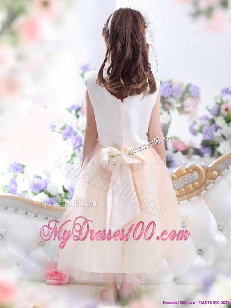 2016 White Flower Girl Dress with Waistband and Hand Made Flowers