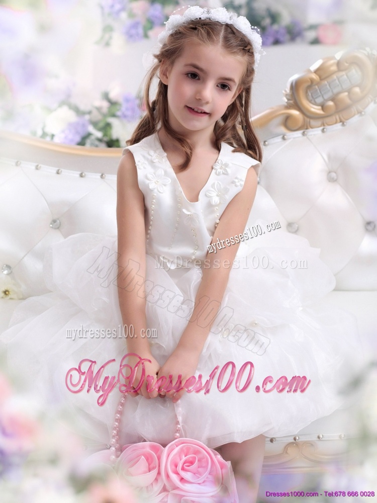 Beautifil White Appliques Scoop Flower Girl Dress for 2016