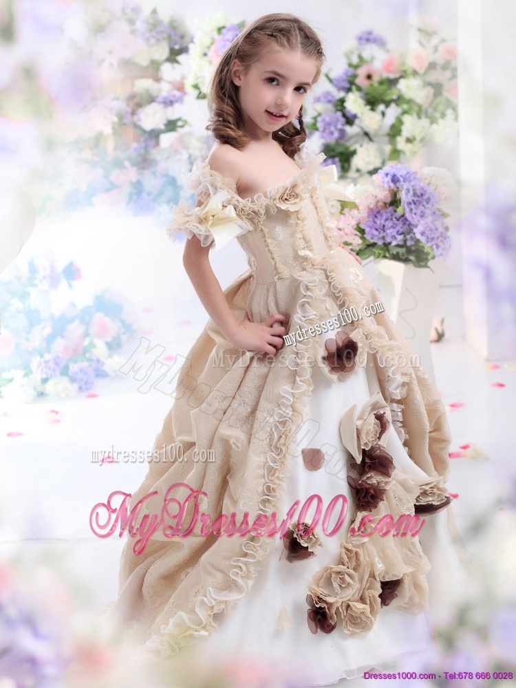 Champagne Spaghetti Straps Flower Girl Dress with Hand Made Flowers and Ruffles