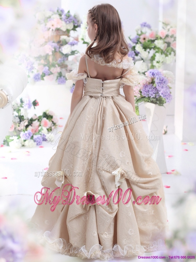 Champagne Spaghetti Straps Flower Girl Dress with Hand Made Flowers and Ruffles