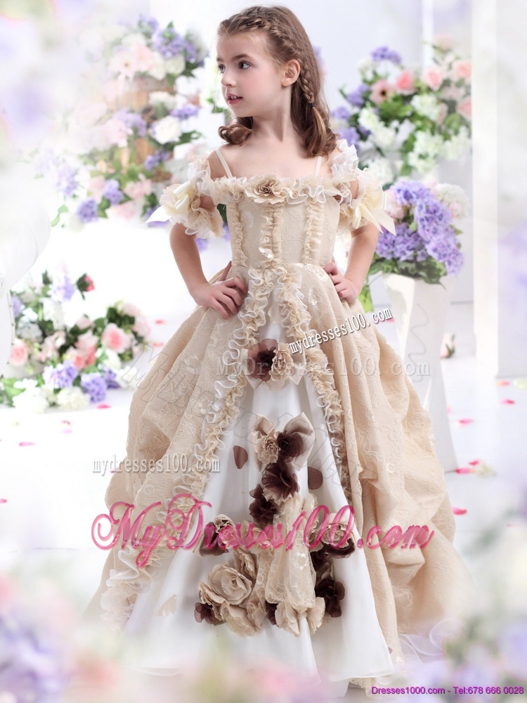 Champagne Spaghetti Straps Flower Girl Dress with Hand Made Flowers and Ruffles