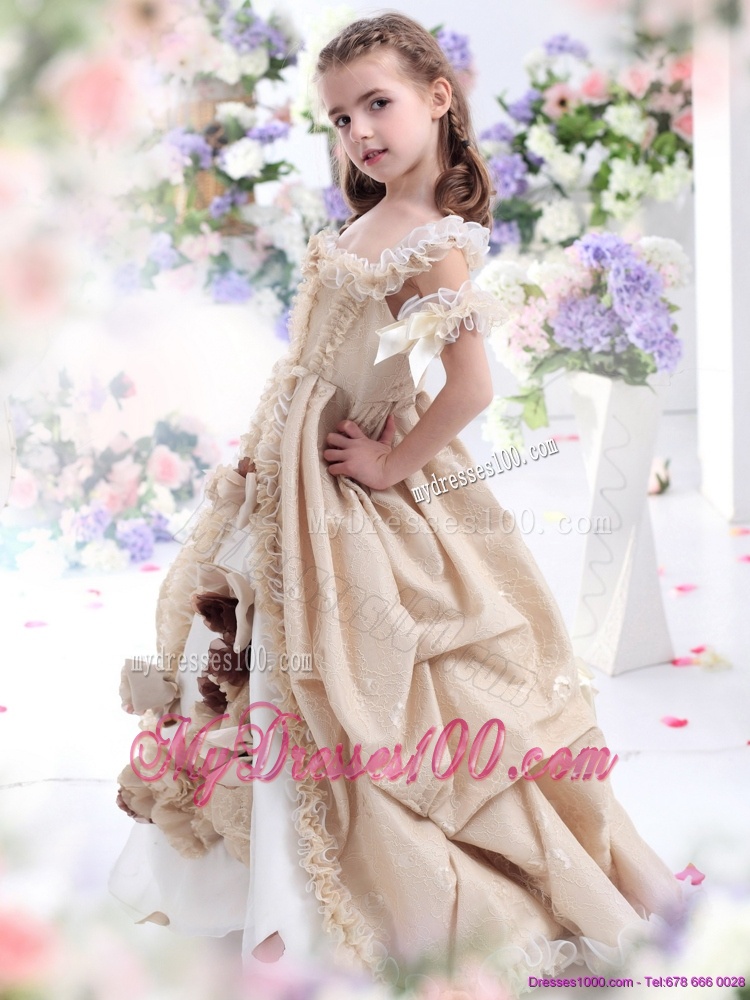 Champagne Spaghetti Straps Flower Girl Dress with Hand Made Flowers and Ruffles