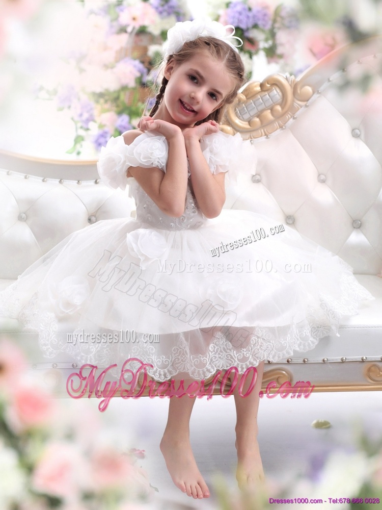 Comfortable White Halter Top Flower Girl Dress with Hand Made Flower