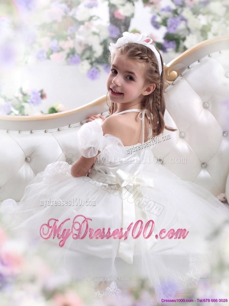 Comfortable White Halter Top Flower Girl Dress with Hand Made Flower