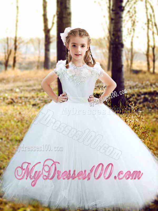 Fashionable Scoop Really Puffy Flower Girl Dress with Hand Made Flowers and Appliques