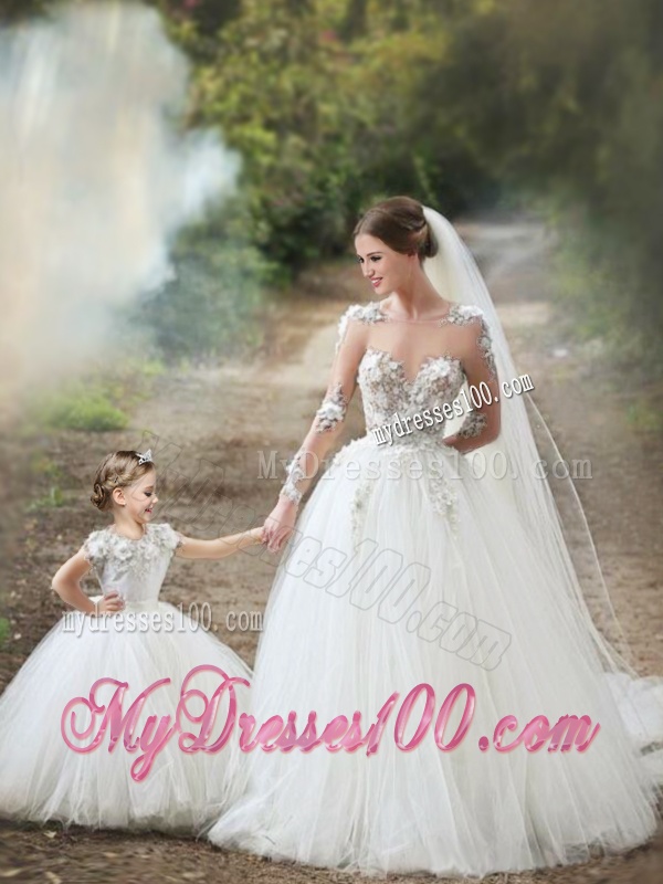 Fashionable Scoop Really Puffy Flower Girl Dress with Hand Made Flowers and Appliques