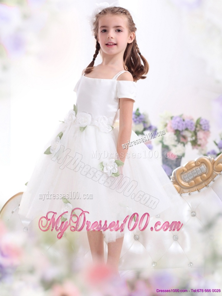 Gorgeous Spaghetti Straps White 2016 Flower Girl Dress with Hand Made Flowers