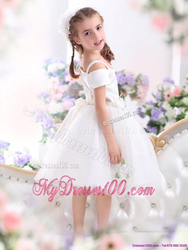 Gorgeous Spaghetti Straps White 2016 Flower Girl Dress with Hand Made Flowers