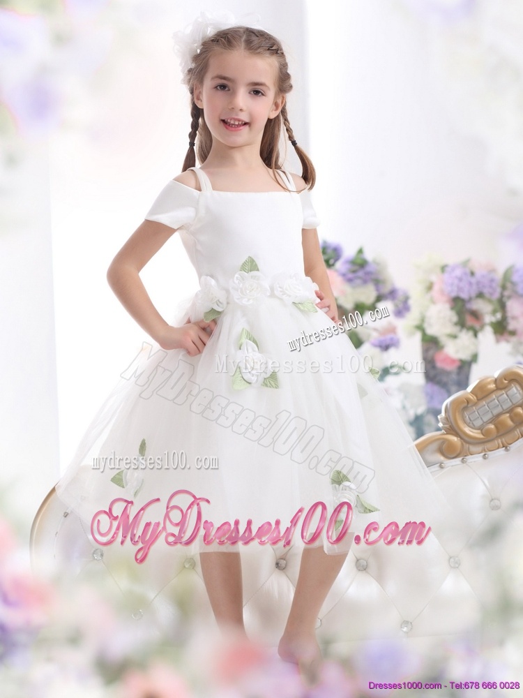 Gorgeous Spaghetti Straps White 2016 Flower Girl Dress with Hand Made Flowers