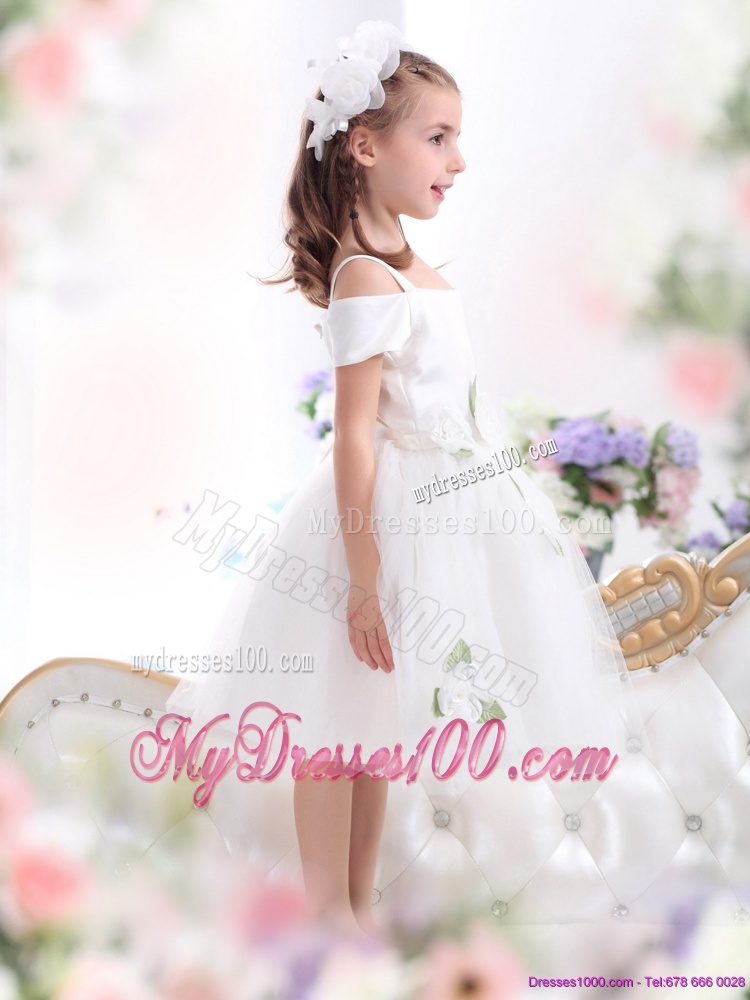 Gorgeous Spaghetti Straps White 2016 Flower Girl Dress with Hand Made Flowers