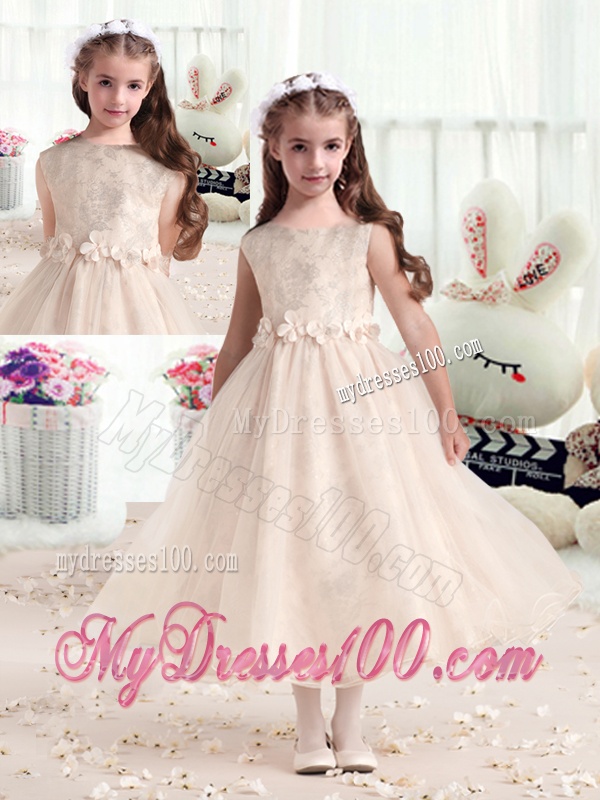 New Style Bateau Champagne Flower Girl Dresses with Appliques