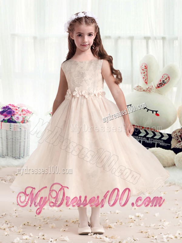 New Style Bateau Champagne Flower Girl Dresses with Appliques