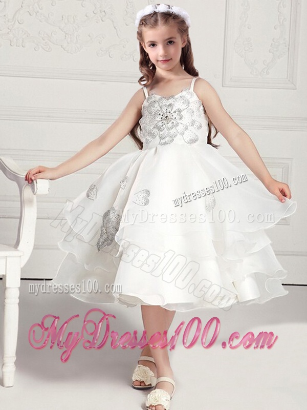 Perfect Spaghetti Straps White Flower Girl Dresses with Appliques