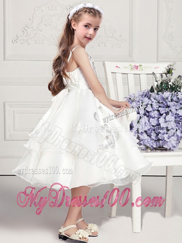 Perfect Spaghetti Straps White Flower Girl Dresses with Appliques