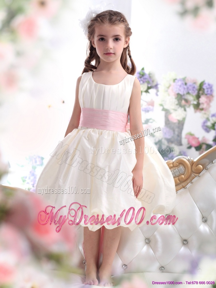 Perfect White Scoop 2016 Flower Girl Dress with Light Pink Sash