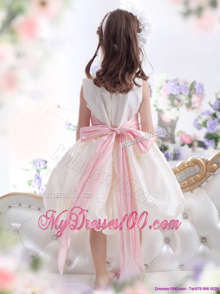 Perfect White Scoop 2016 Flower Girl Dress with Light Pink Sash