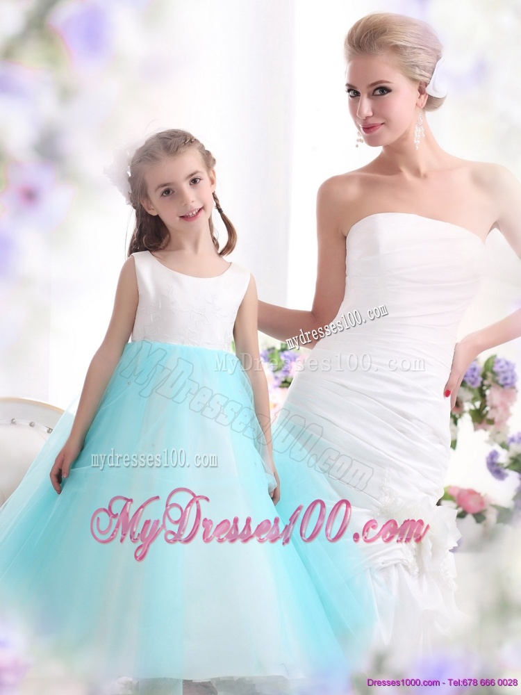 Popular White and Baby Blue Scoop Flower Girl Dress for 2016