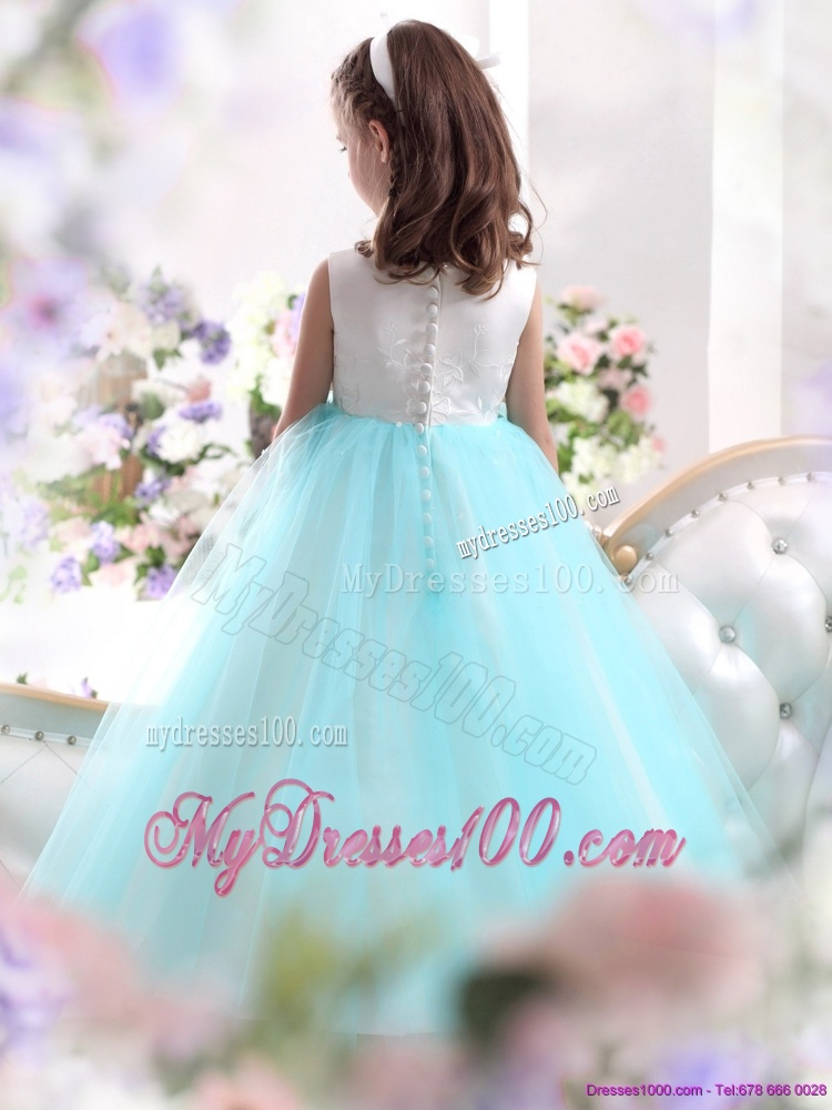 Popular White and Baby Blue Scoop Flower Girl Dress for 2016