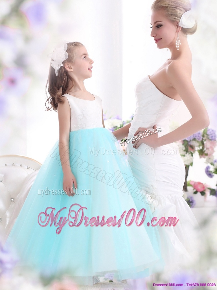 Popular White and Baby Blue Scoop Flower Girl Dress for 2016