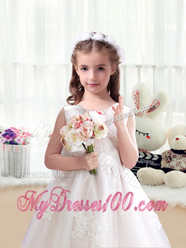 Romantic Scoop Flower Girl Dresses with Appliques and Bowknot