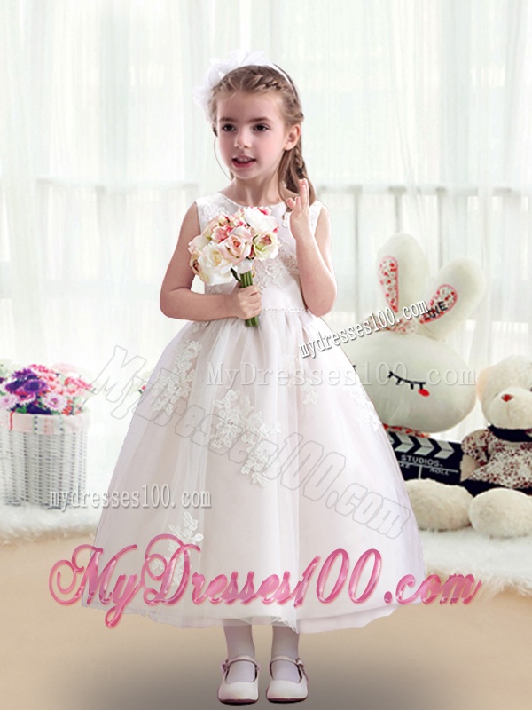 Romantic Scoop Flower Girl Dresses with Appliques and Bowknot