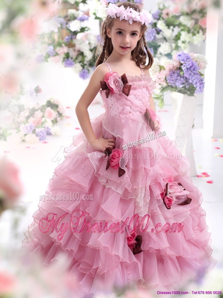 2016 Baby Pink Flowers Girl Dress with Hand Made Flowers and Ruffles