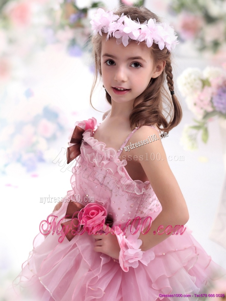 2016 Baby Pink Flowers Girl Dress with Hand Made Flowers and Ruffles