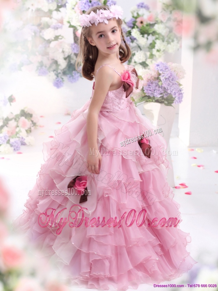 2016 Baby Pink Flowers Girl Dress with Hand Made Flowers and Ruffles