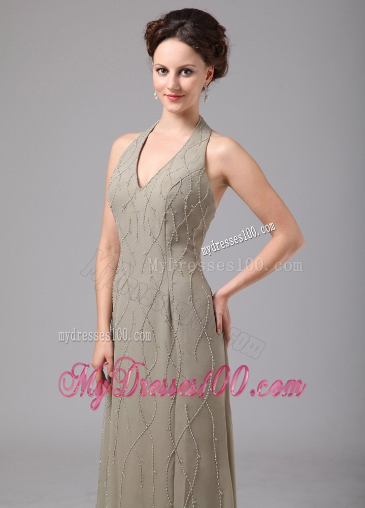 Haltered Long Back Mother of Brides Dress with Crossed Lines of Beads