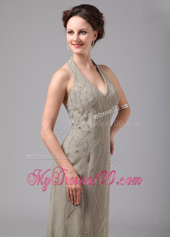 Haltered Long Back Mother of Brides Dress with Crossed Lines of Beads