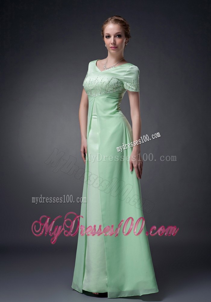 V-neck Apple Green Short Sleeves Beaded Mother Of The Bride Dress