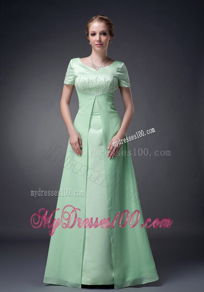 V-neck Apple Green Short Sleeves Beaded Mother Of The Bride Dress