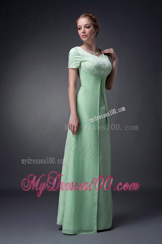 V-neck Apple Green Short Sleeves Beaded Mother Of The Bride Dress