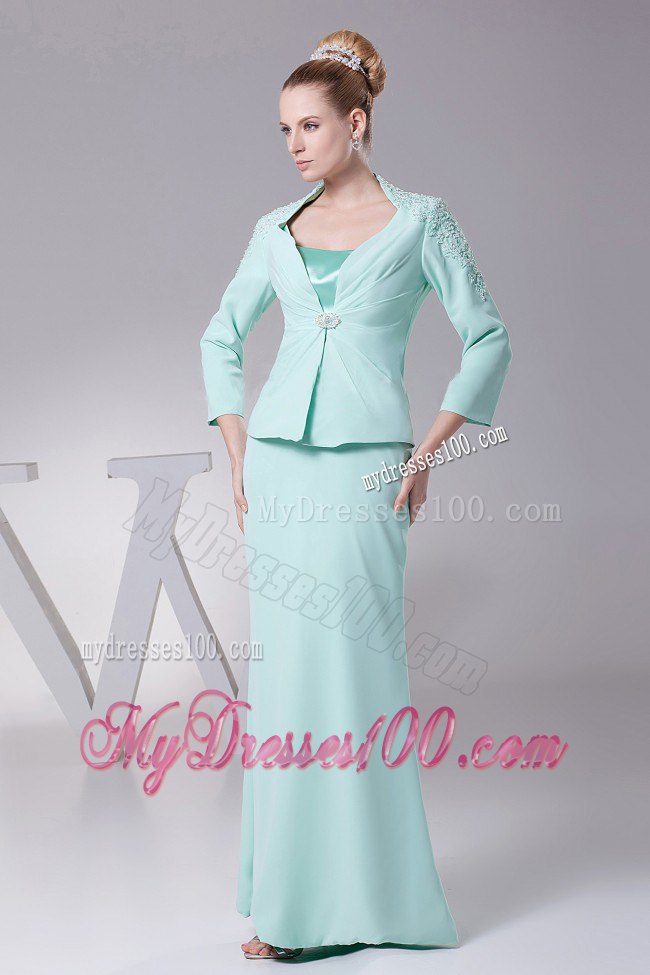 Apple Green Long Mothers Outfit with Diamond Neckline Jacket
