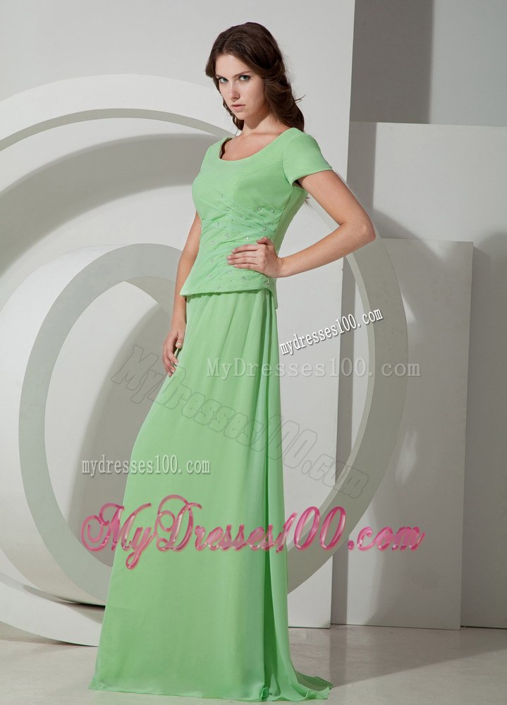 Apple Green Chiffon Scoop Brush Train Beaded Mothers Dresses