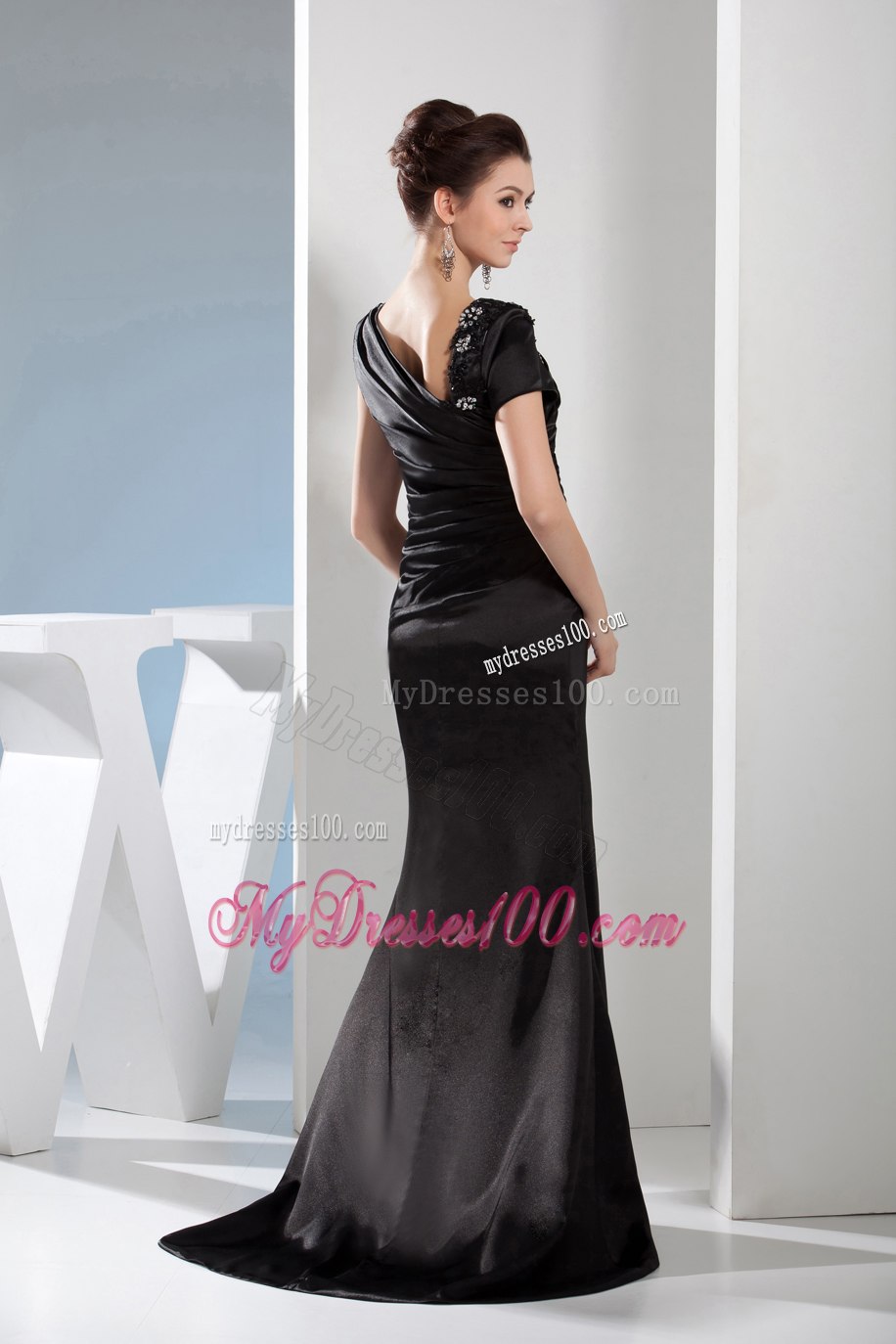 Black Asymmetrical Neckline Mother Bride Dress with Appliques