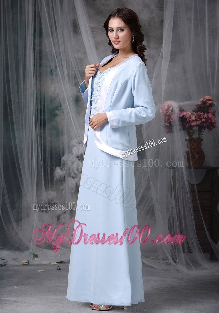 Sweetheart Mothers Dress in Baby Blue with Transparent Sleeves