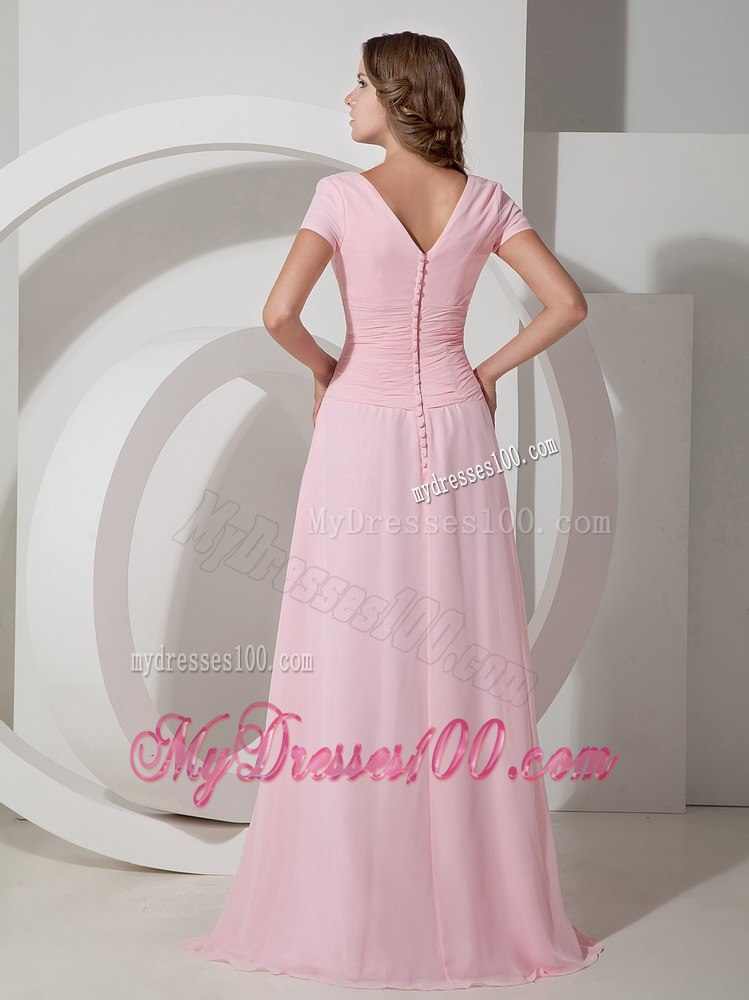 Baby Pink Scoop Neck Floor-length Ruched Mothers Dress For Weddings