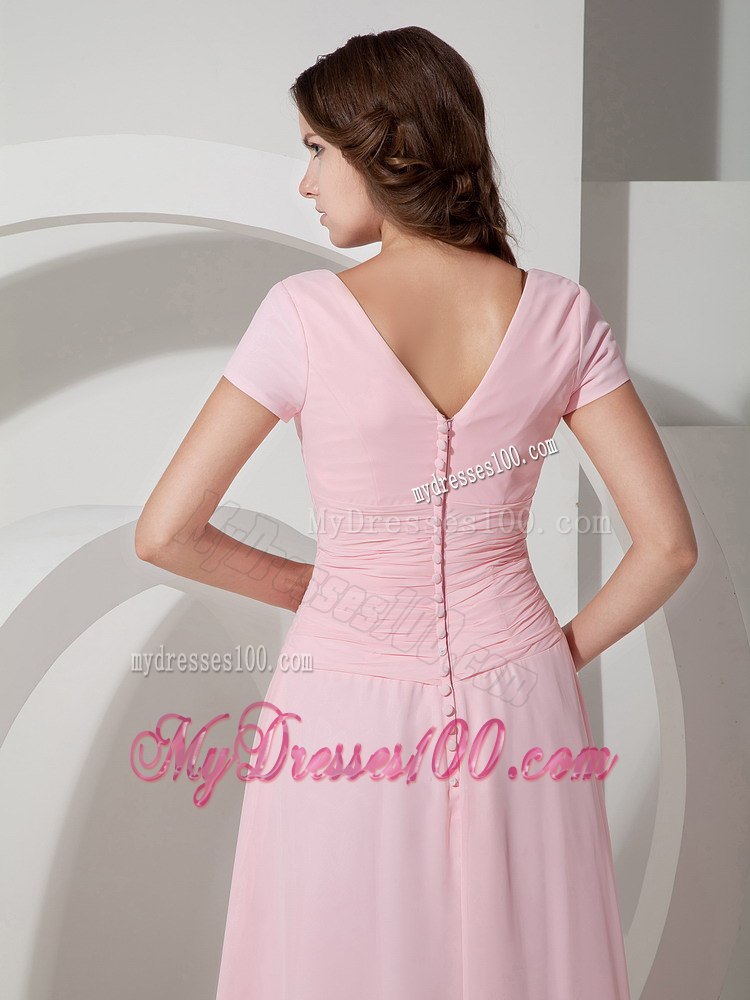 Baby Pink Scoop Neck Floor-length Ruched Mothers Dress For Weddings