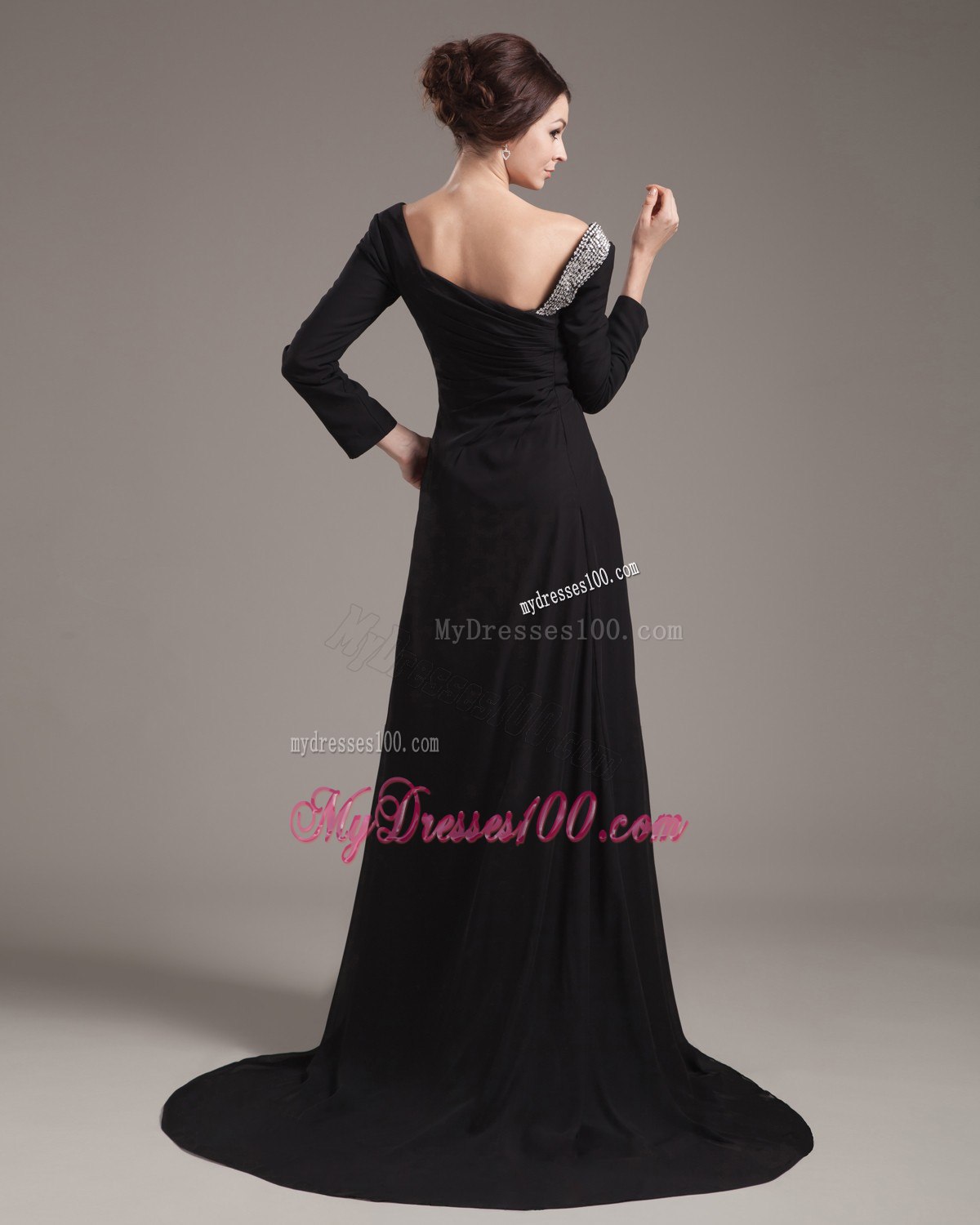 Asymmetric Neckline Long Sleeves High Slit Mother Bride Dress Beaded