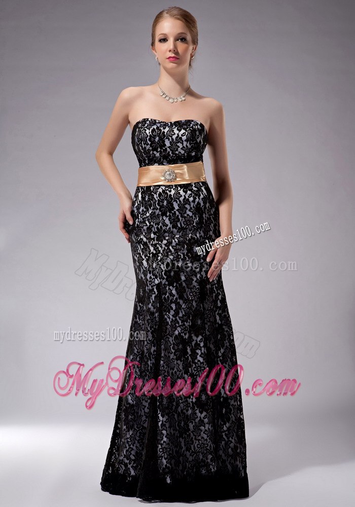 Champagne Sash Black Lace Mermaid Mothers Dresses with Bowknot