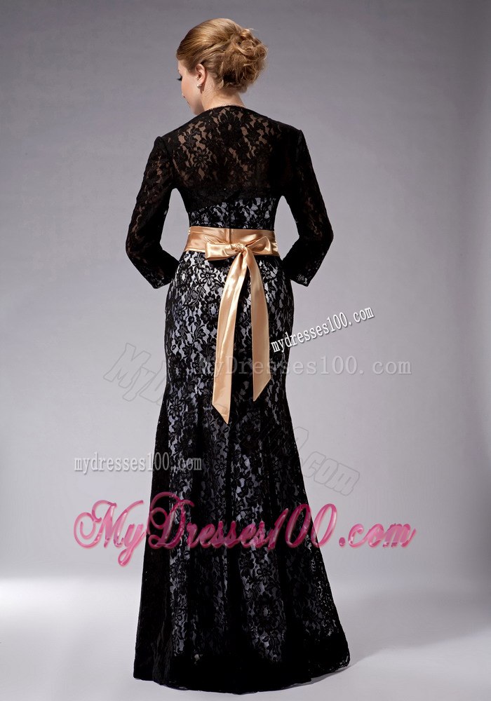 Champagne Sash Black Lace Mermaid Mothers Dresses with Bowknot