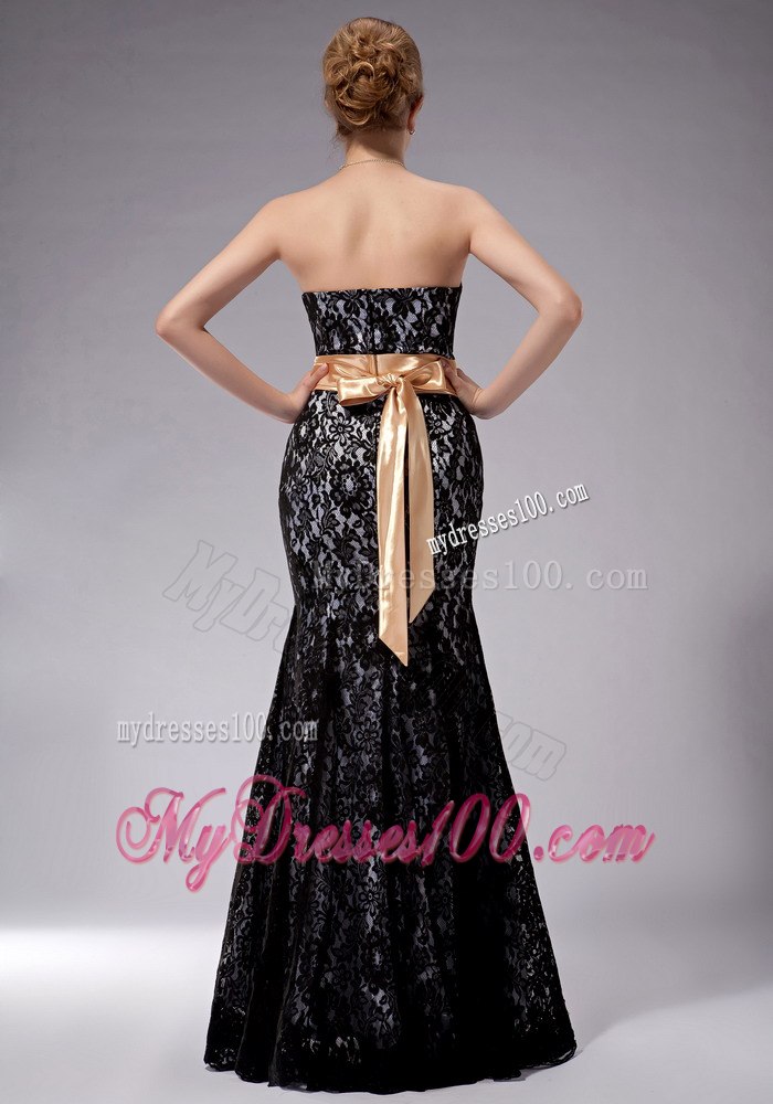 Champagne Sash Black Lace Mermaid Mothers Dresses with Bowknot