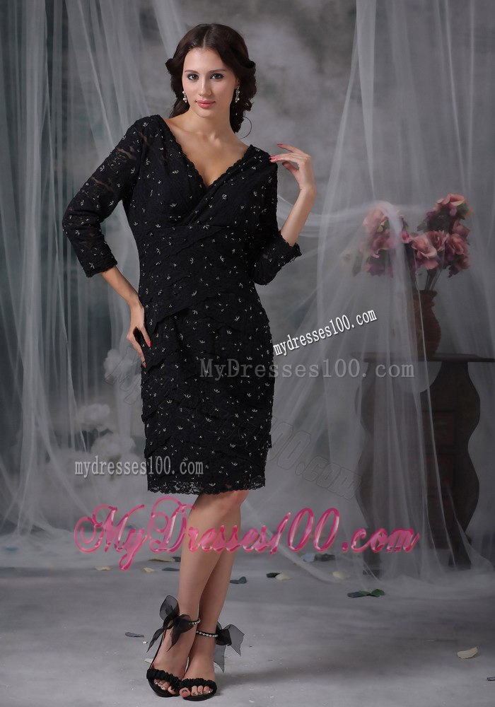 Knee-length 3 4 Sleeves Beads Scattered Chiffon Mothers Dress