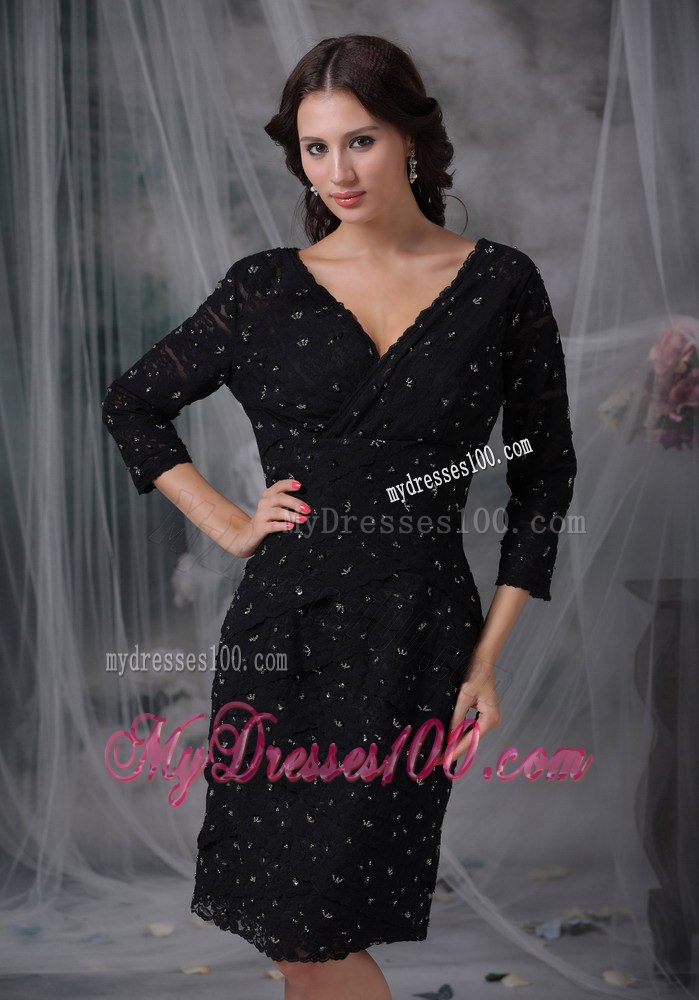 Knee-length 3 4 Sleeves Beads Scattered Chiffon Mothers Dress