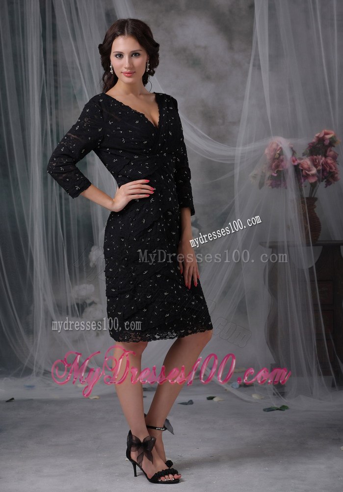 Knee-length 3 4 Sleeves Beads Scattered Chiffon Mothers Dress
