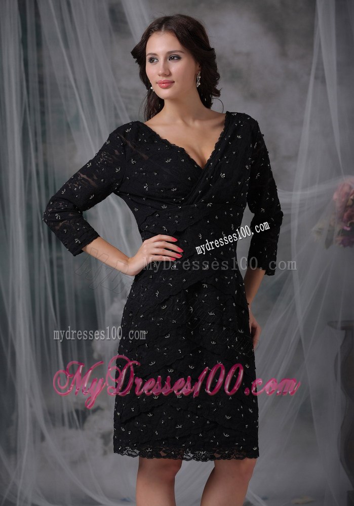 Knee-length 3 4 Sleeves Beads Scattered Chiffon Mothers Dress
