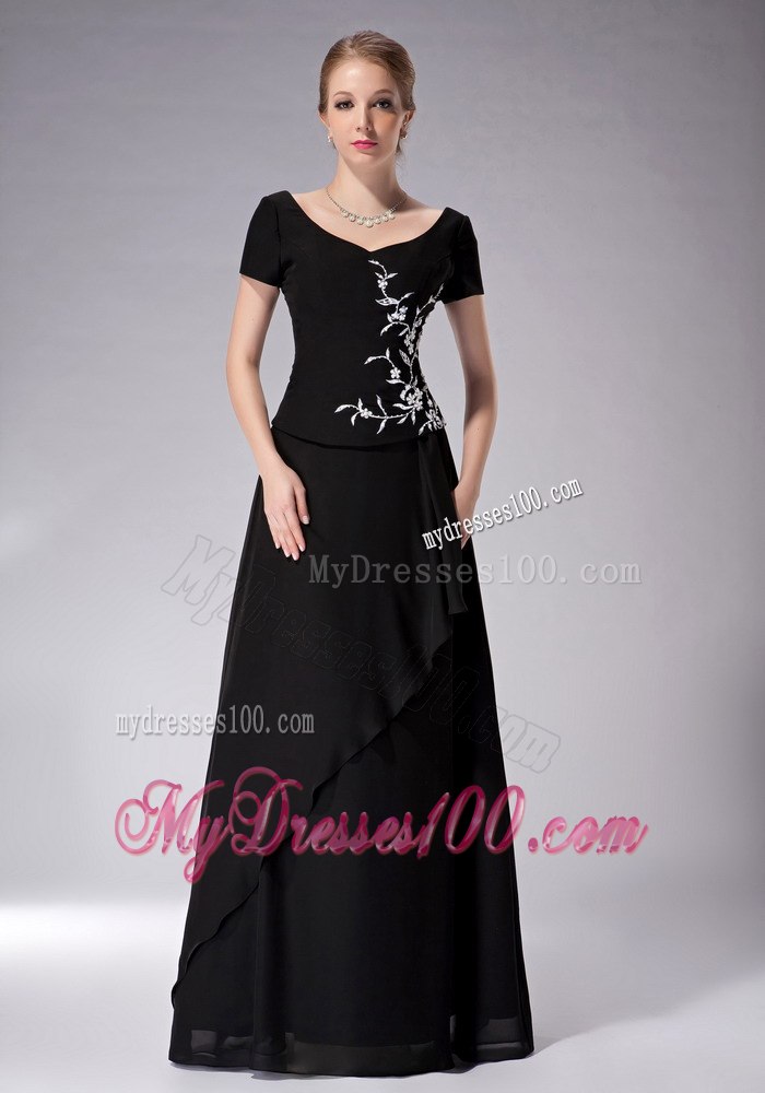 Scoop Black Chiffon Short Sleeves Silver Appliques Mothers Dress