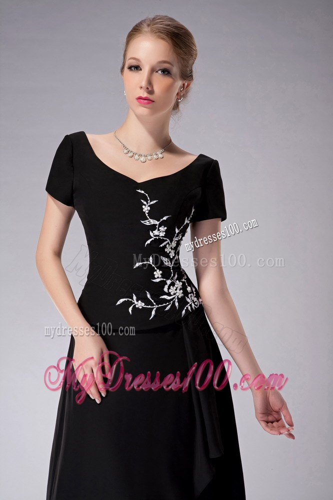 Scoop Black Chiffon Short Sleeves Silver Appliques Mothers Dress